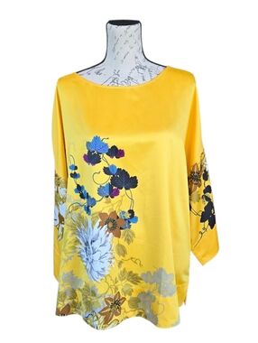 Soft Surroundings Tahitian Floral Yellow Satin Kimono Style Blouse XL